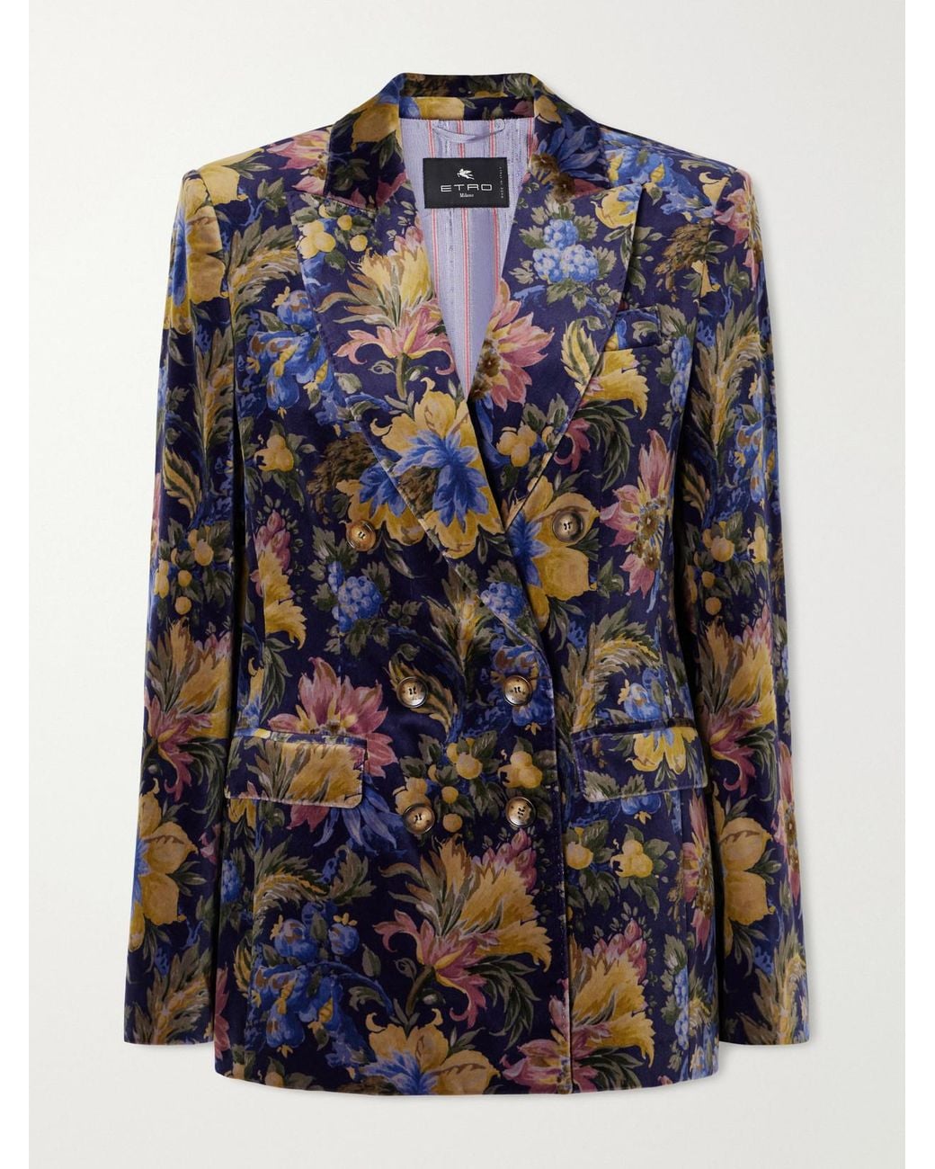 Etro Blue Double-Breasted Floral-Print Stretch-Cotton Velvet Blazer