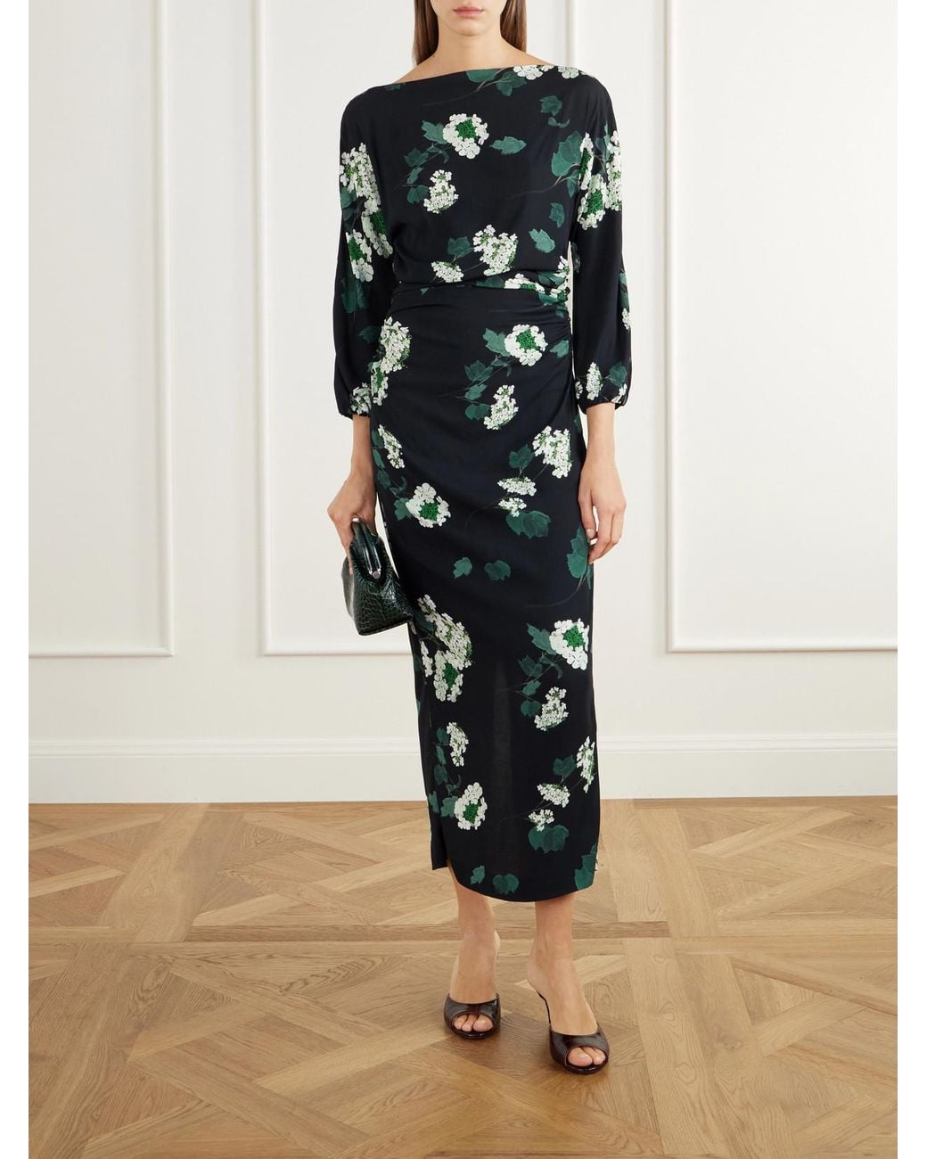 BERNADETTE Black Ezra Floral-Print Ruched Crepe Midi Dress