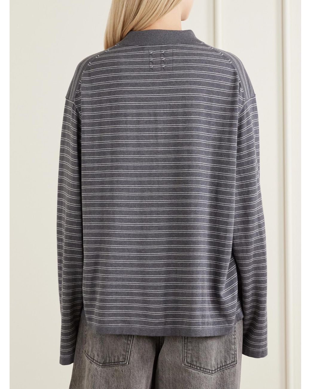 Nili Lotan Gray Foley Stripe Cotton Polo Shirt