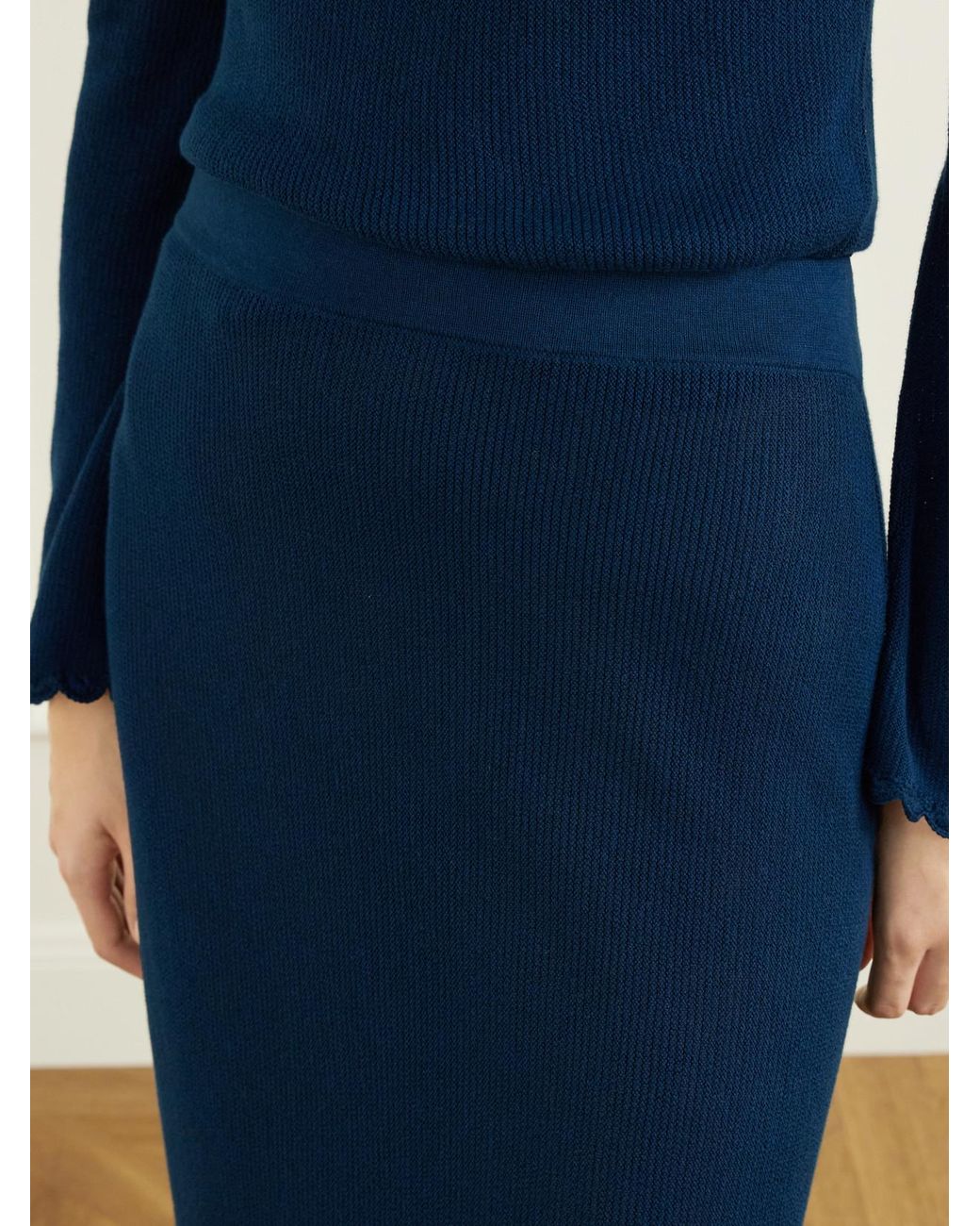 Escvdo Blue Bernabe Scalloped Ribbed Cotton Midi Skirt