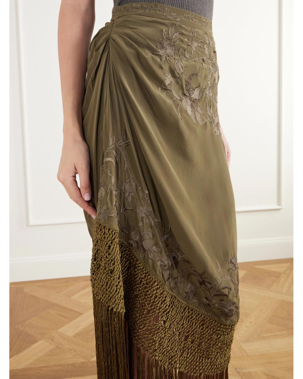 Ulla Johnson Green Lark Fringed Embroidered Silk-Crepe De Chin Midi Skirt