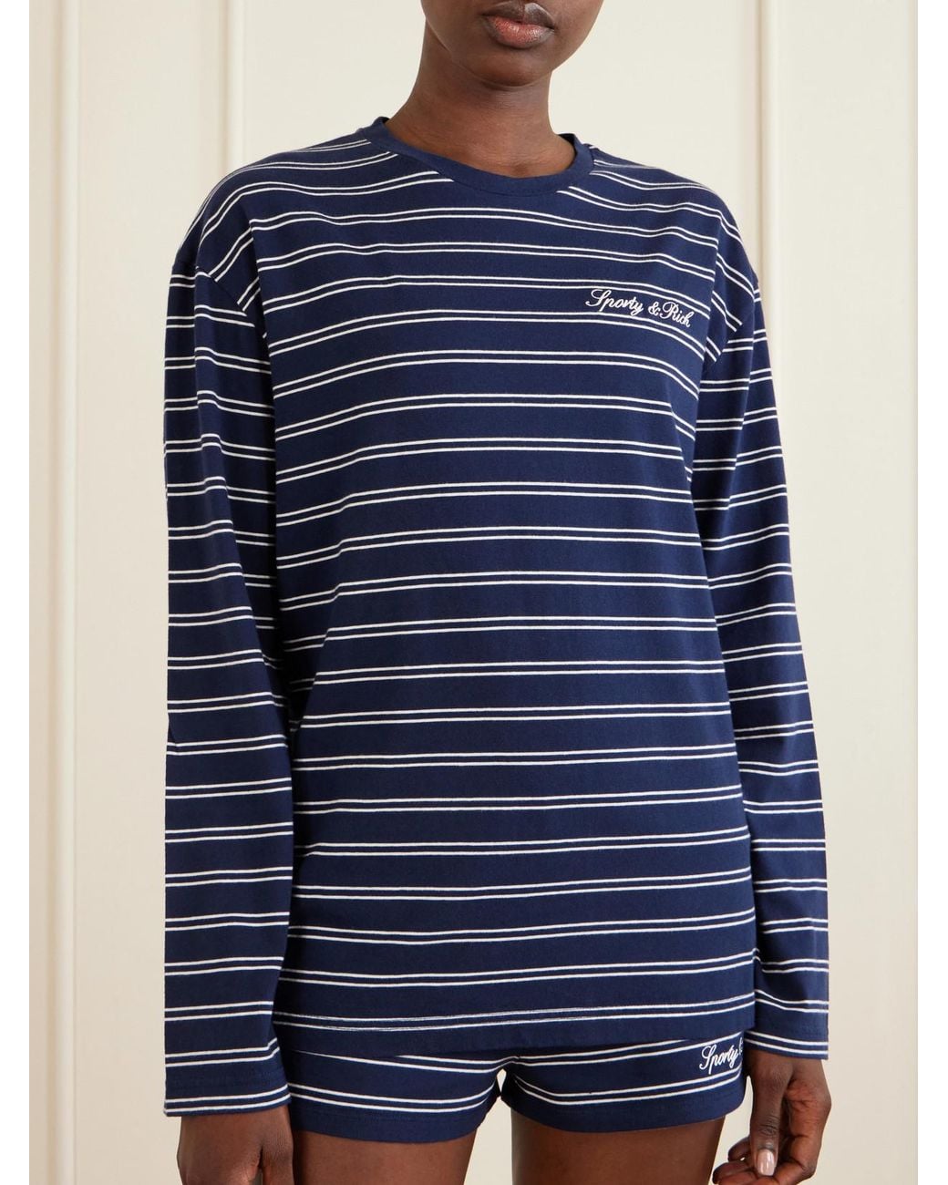 Sporty & Rich Blue Logo-Embroidered Striped Cotton-Jersey Long-Sleeve Top