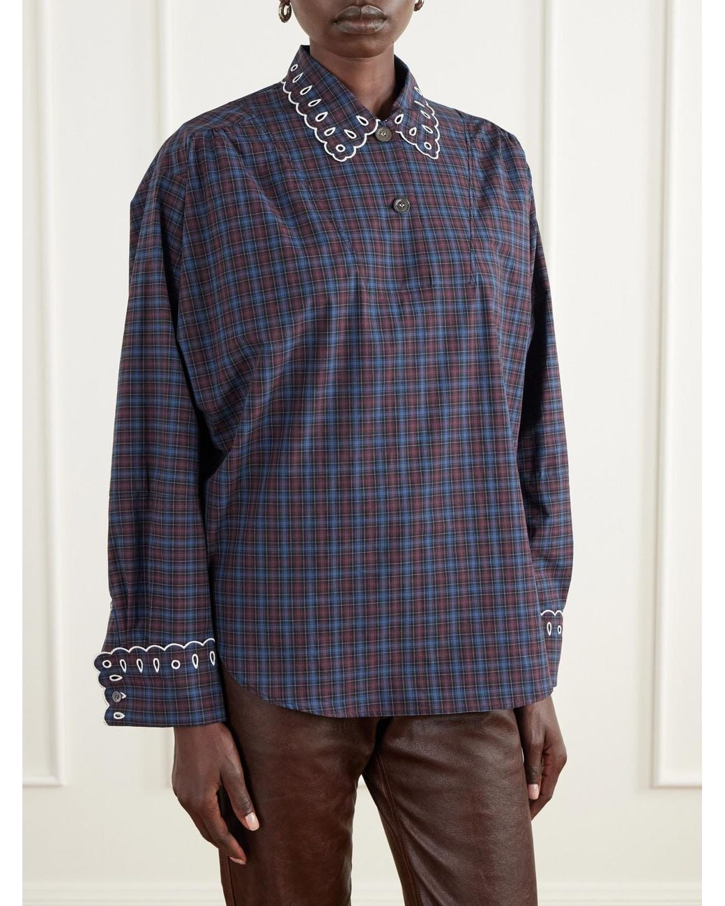 Marni Blue Checked Broderie-Anglaise Cotton-Poplin Shirt