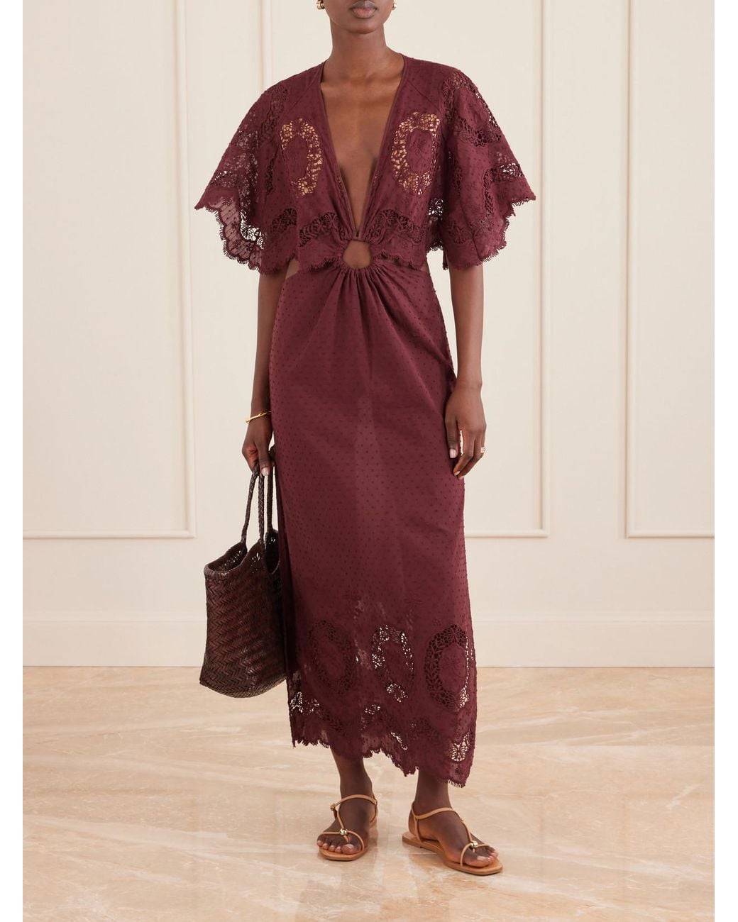 Johanna Ortiz Red Paradise Crocheted-Trimmed Cotton-Blend Maxi Dress