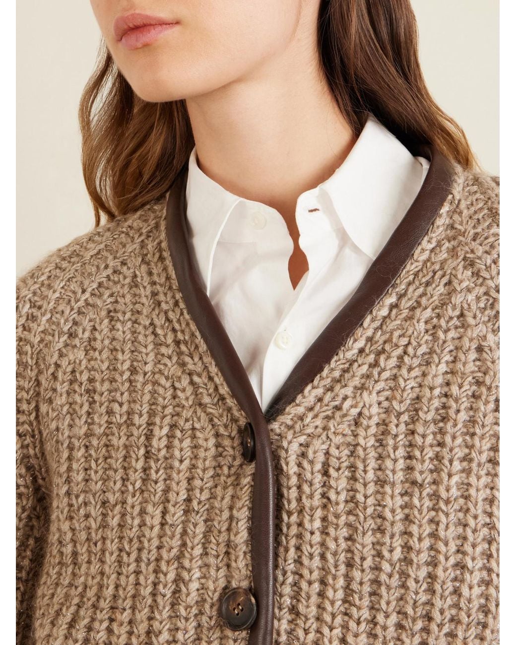 Brunello Cucinelli Natural Shearling And Leather-Trimmed Cashmere-Blend Cardigan