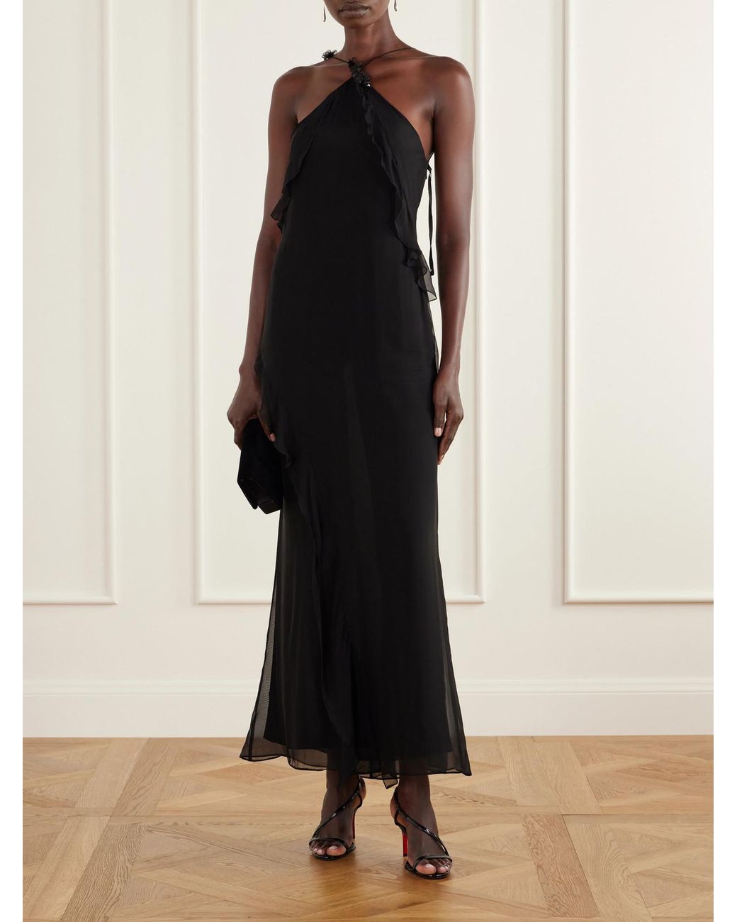 Sir Black Ysia Embellished Ruffled Halterneck Silk-Crepe Maxi Dress