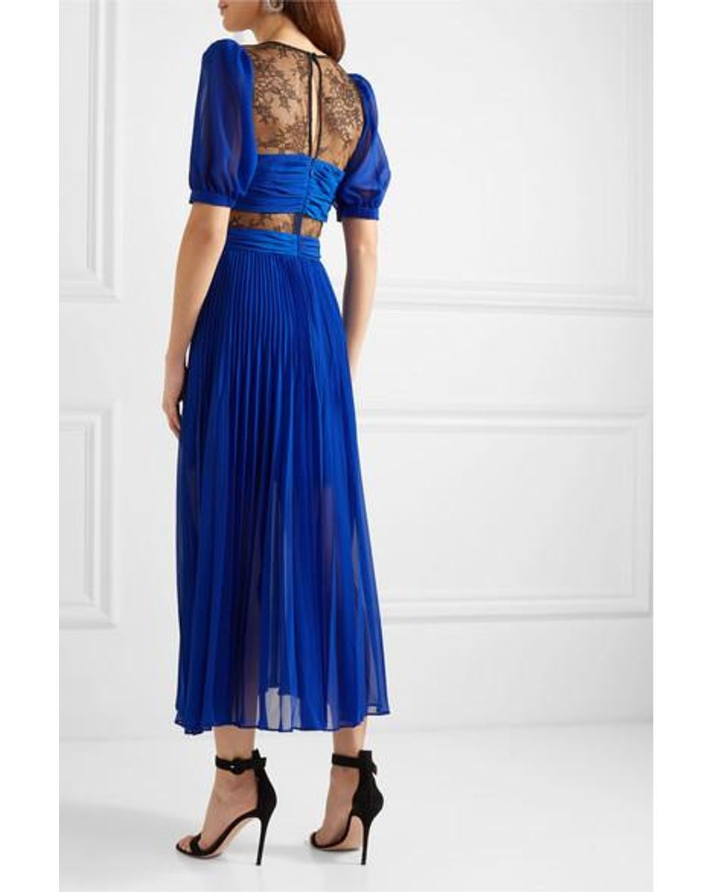 Self-Portrait Lace-paneled Pleated Chiffon Midi Dress in Blue | Lyst