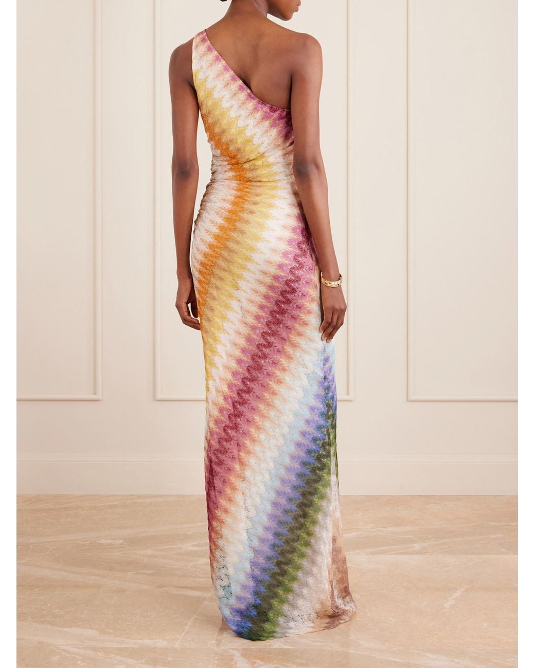 Missoni White One-Shoulder Striped Ruched Crochet-Knit Maxi Dress