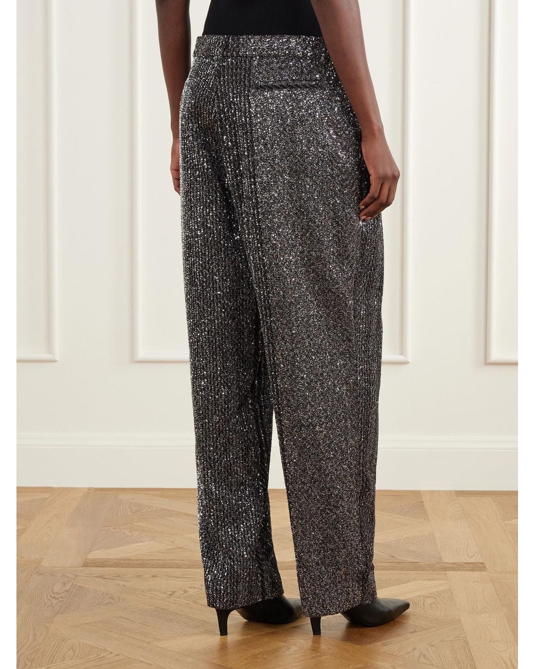 Missoni Gray Pleated Sequined Metallic Crochet-Knit Straight-Leg Pants