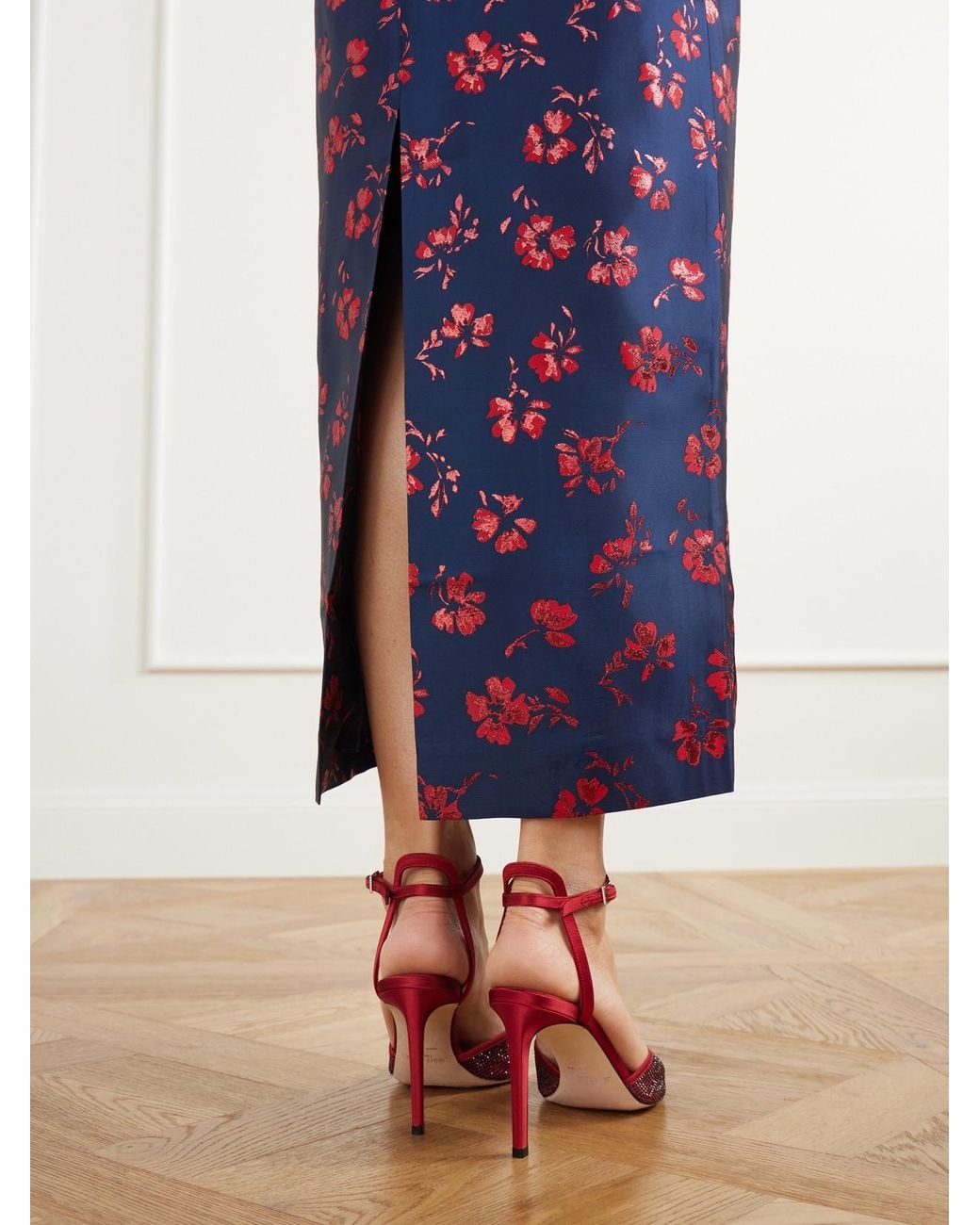D'Estree Purple Celia Floral-Jacquard Taffeta Midi Dress