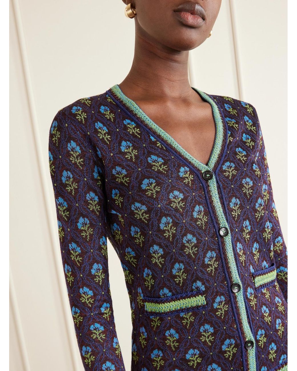 Etro Blue Embroidered Jacquard Cardigan