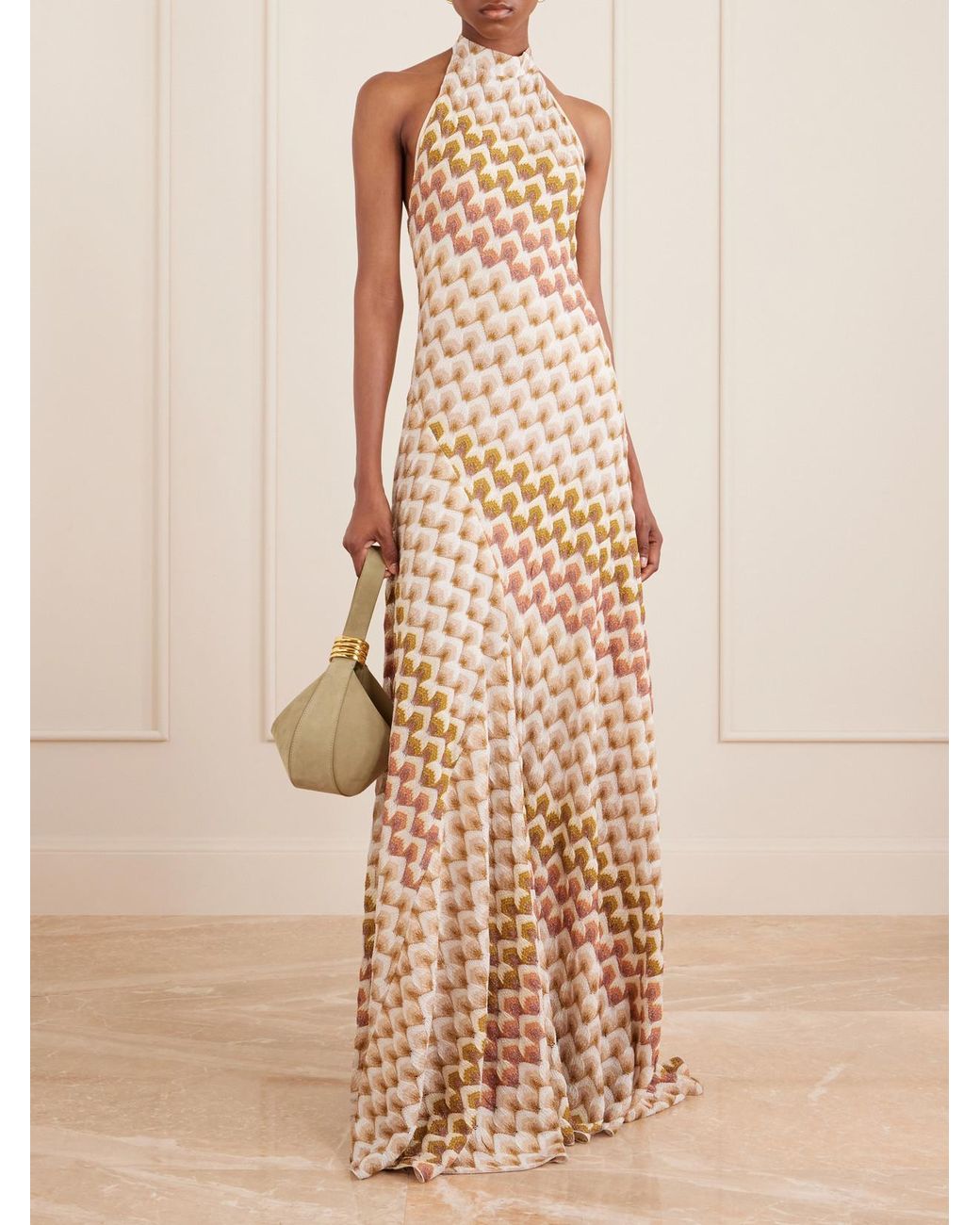 Missoni Natural Striped Metallic Crochet-Knit Halterneck Maxi Dress