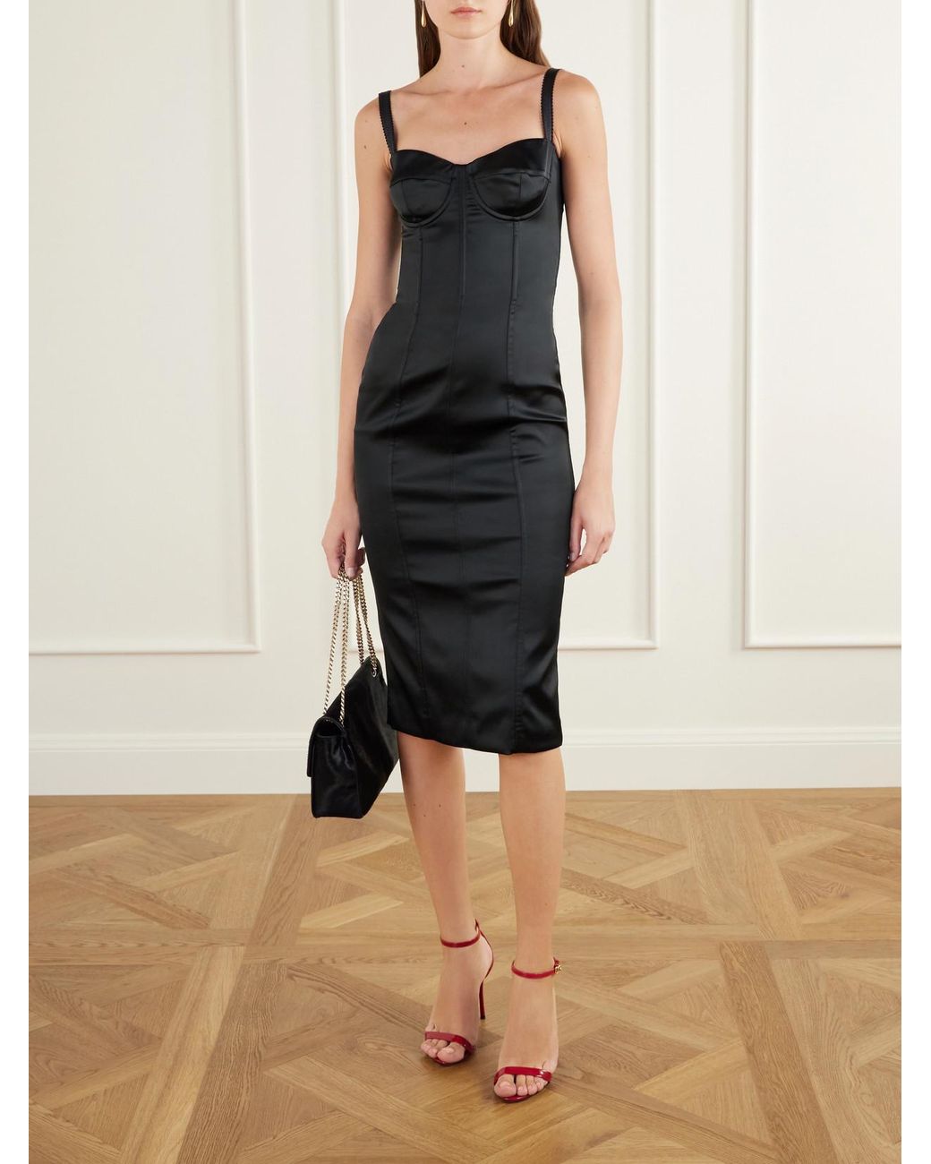 Dolce & Gabbana Black Paneled Satin Bustier Midi Dress
