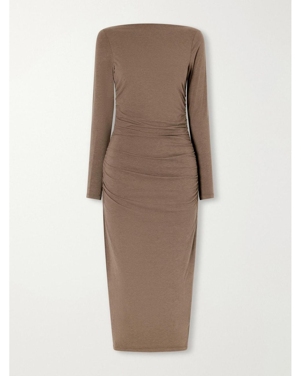 James Perse Natural Ruched Gathered Cotton-Blend Midi Dress