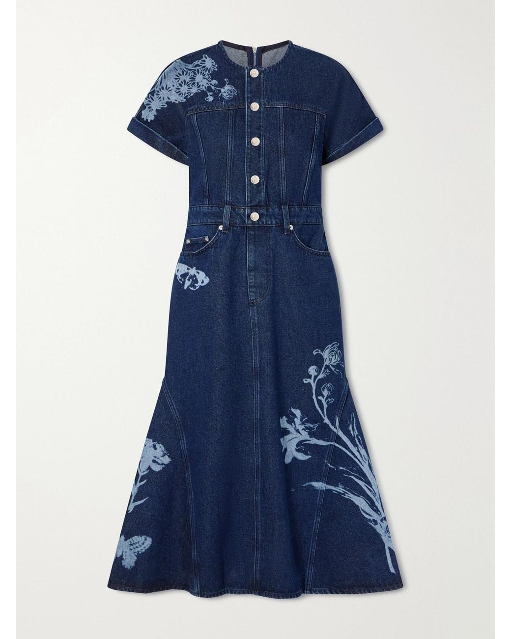 Erdem Blue Floral-Print Denim Midi Dress