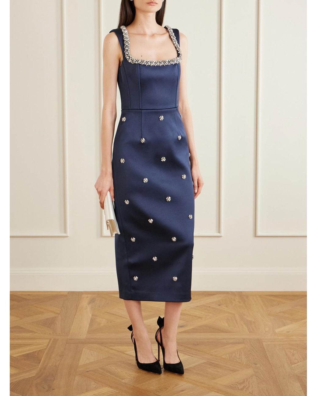 Rebecca Vallance Blue Ayla Embellished Satin Midi Dress
