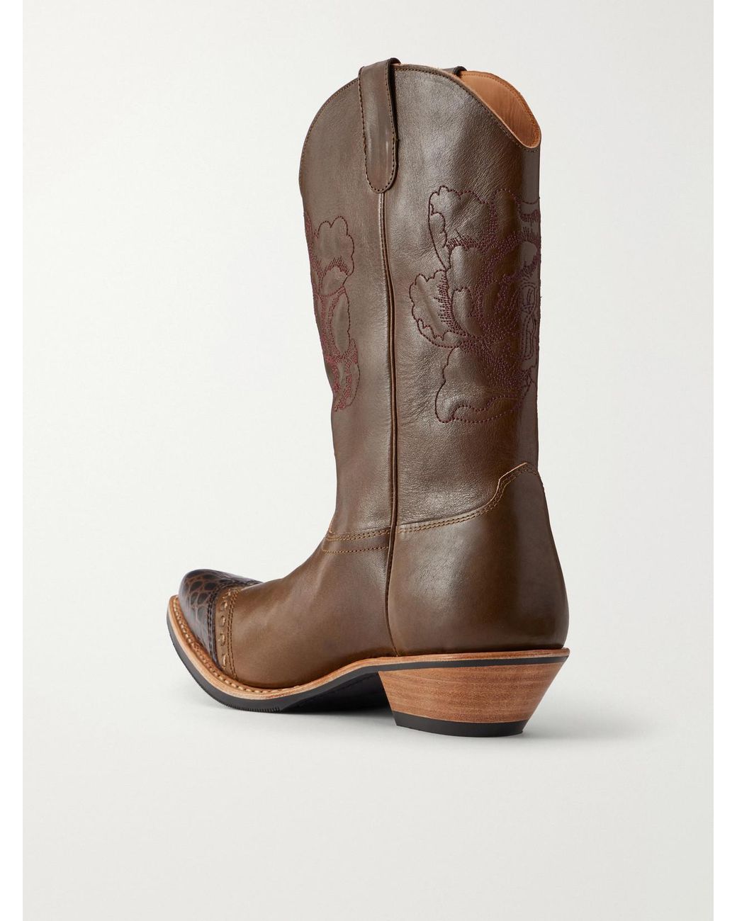 Our Legacy Brown Floral Consultant Croc-Effect Trimmed Leather Ankle Boots