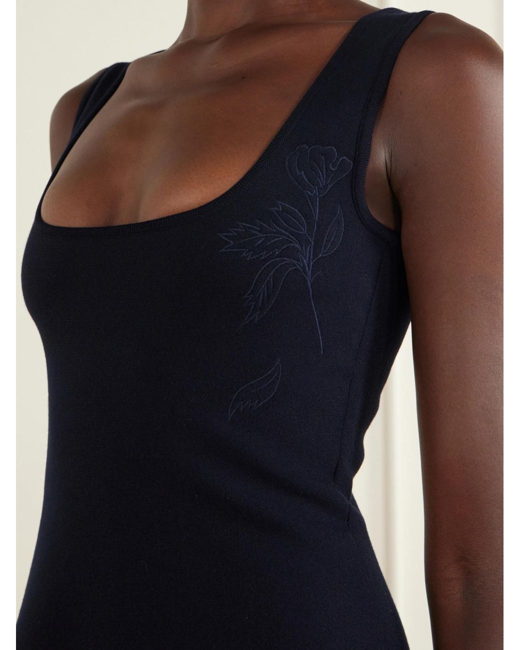 Oscar de la Renta Blue Laser-Cut Embroidered Knitted Mini Dress