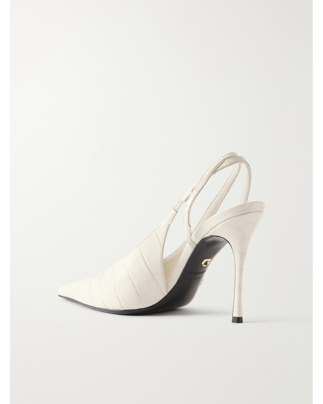Ferragamo White Cressy 95 Croc-Effect Patent-Leather Slingback Pumps
