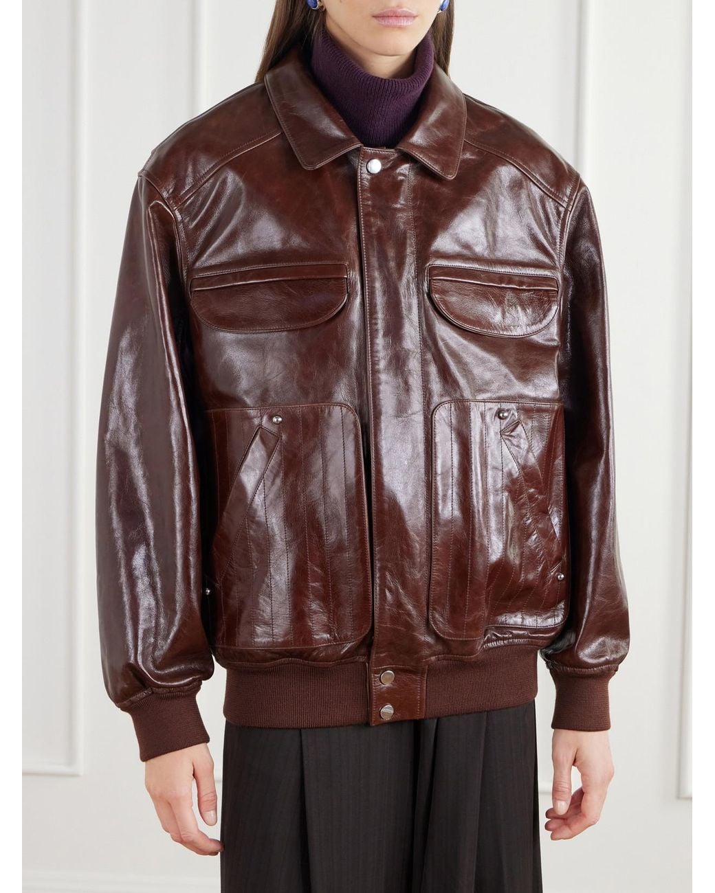 Rabanne Purple Shearling-Trimmed Leather Bomber Jacket