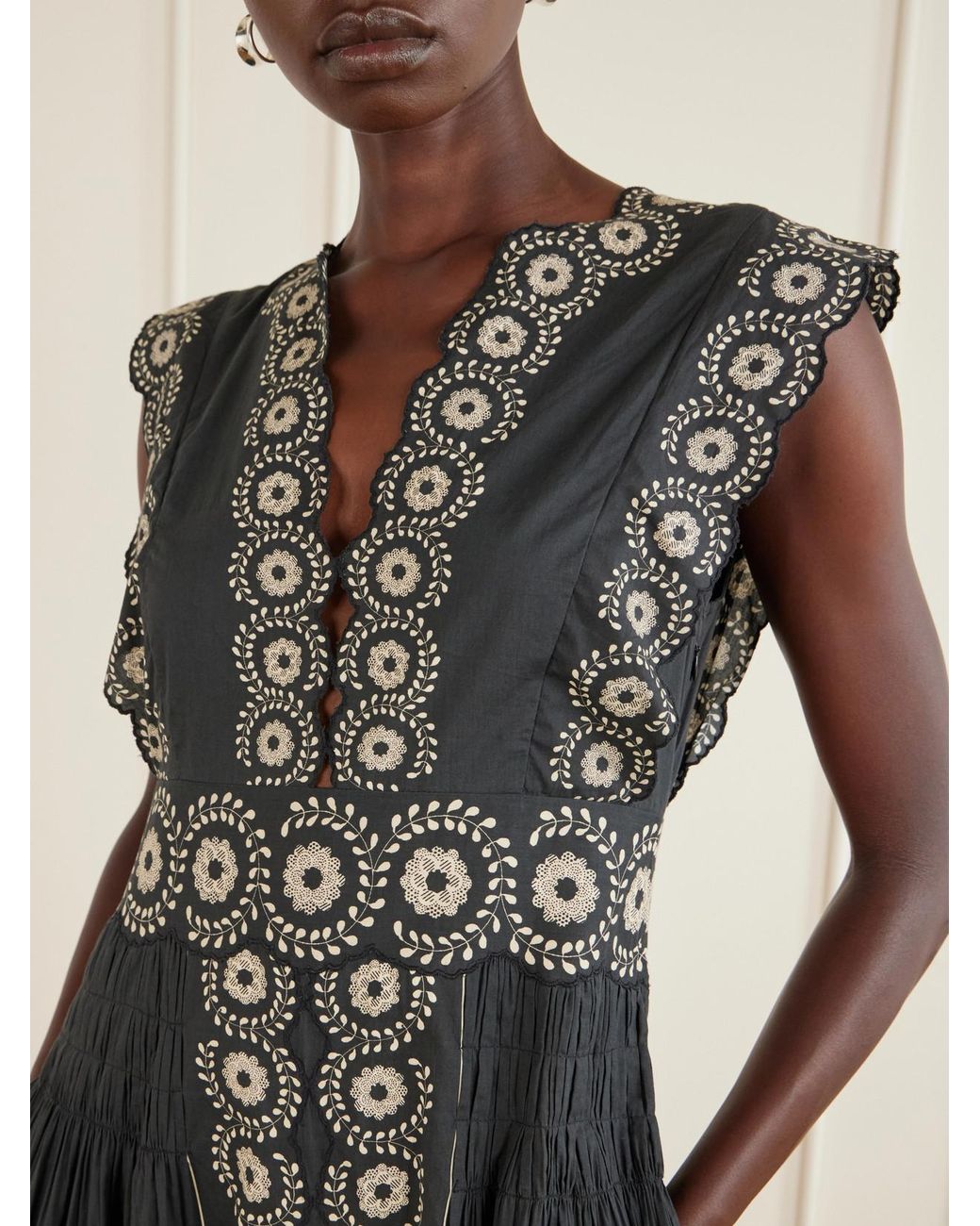 Sea Black Mirabel Scalloped Embroidered Cotton-Voile Midi Dress
