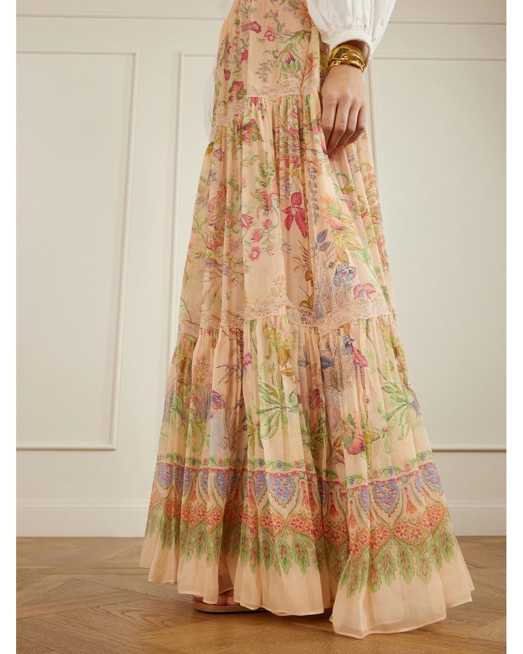Etro Natural Tiered Pleated Lace-Trimmed Printed Silk Maxi Skirt