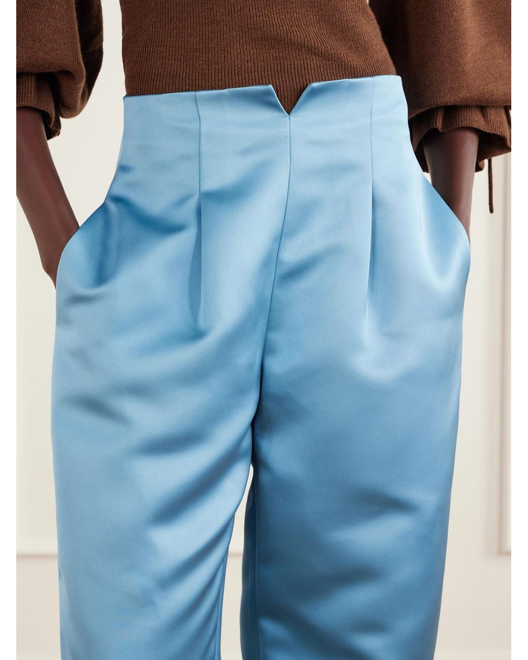 Ulla Johnson Blue Edlyn Pleated Duchess-Satin Mid-Rise Barrel-Leg Pants