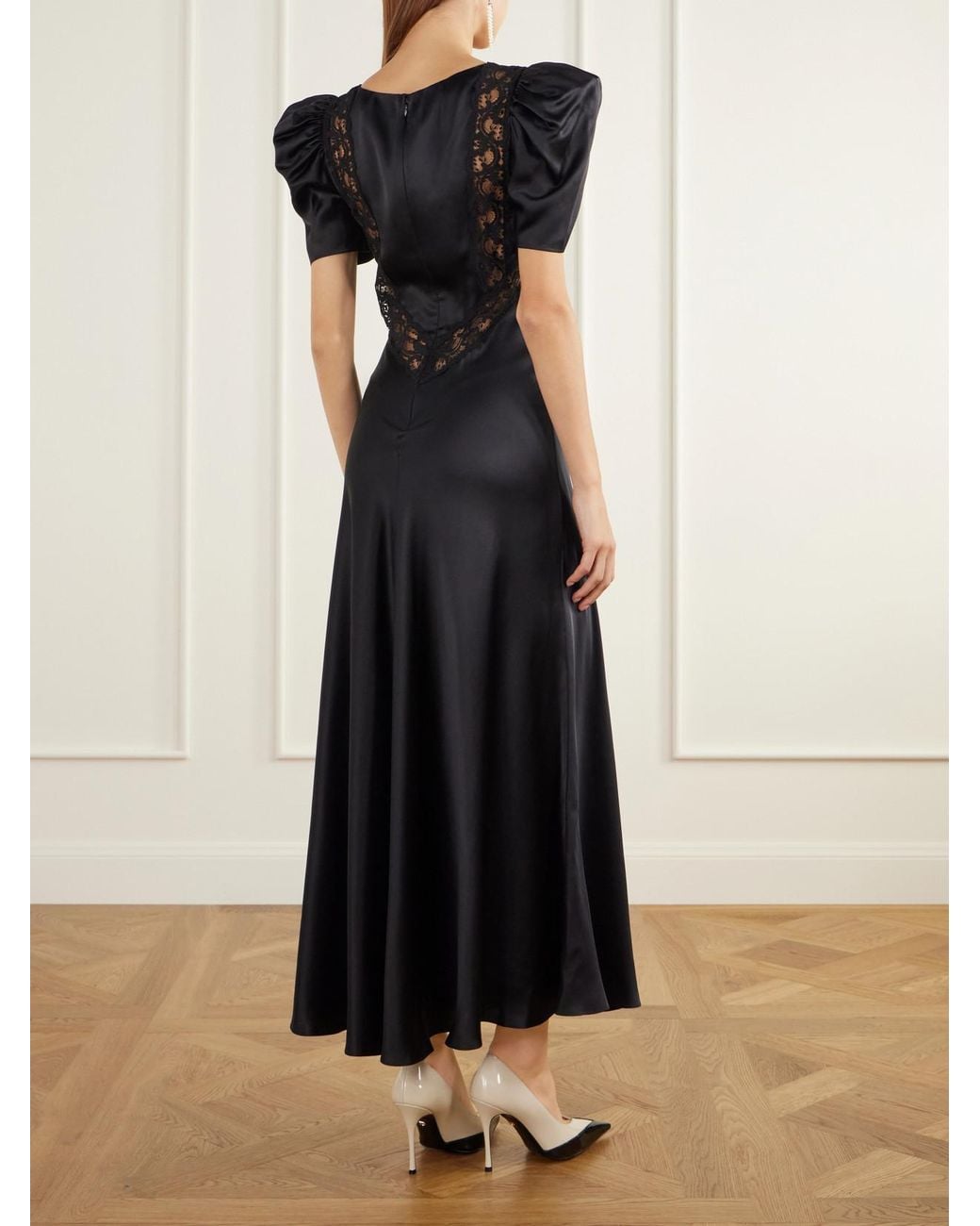 Rodarte Black Ruched Lace-Trimmed Silk-Satin Gown