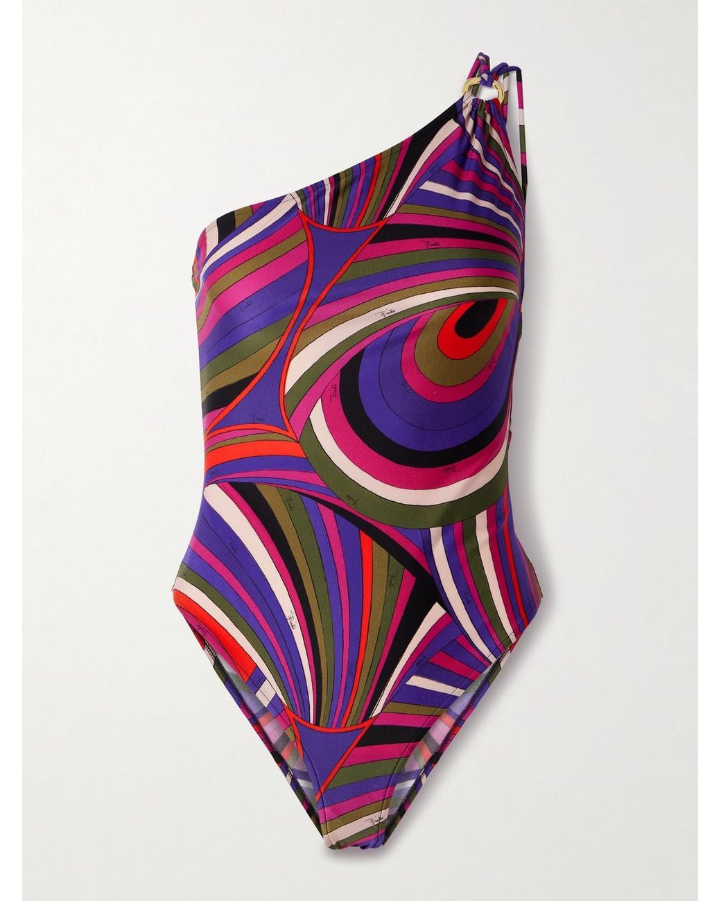 Emilio Pucci Purple One-Shoulder Embellished Printed Swimsuit