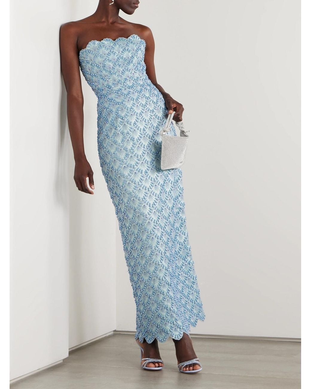 Clio Peppiatt Blue Ariel Strapless Scalloped Embellished Satin Gown