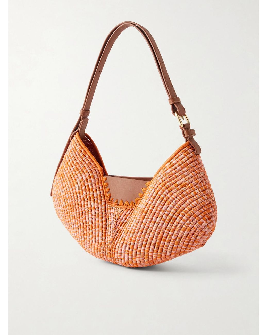 Loewe Orange Paula's Ibiza Swing Medium Leather-Trimmed Raffia Shoulder Bag