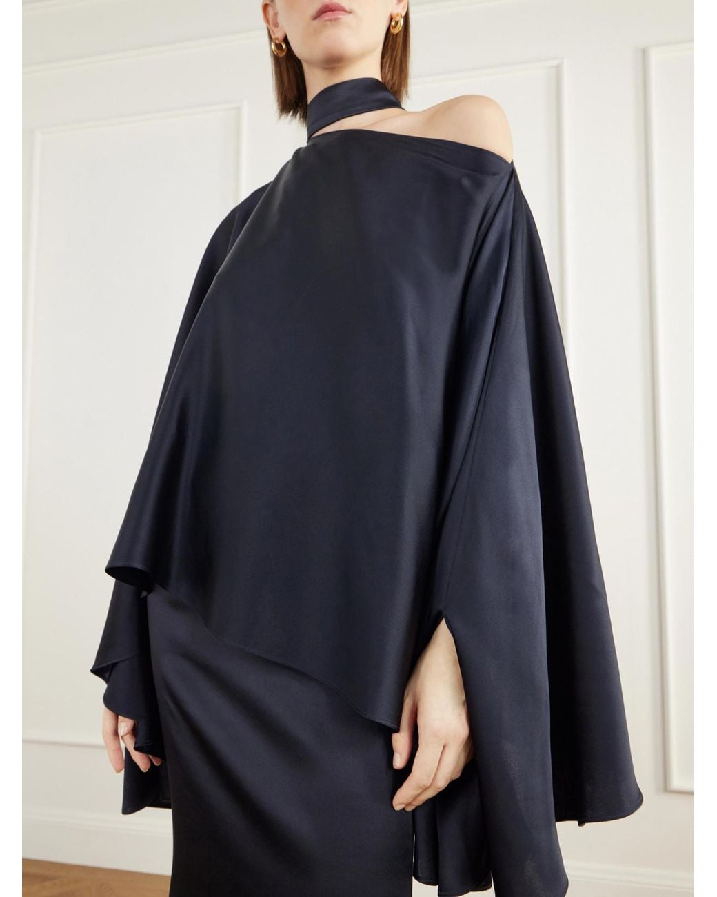 Taller Marmo Blue Brooks One-Shoulder Scarf-Detailed Satin Blouse