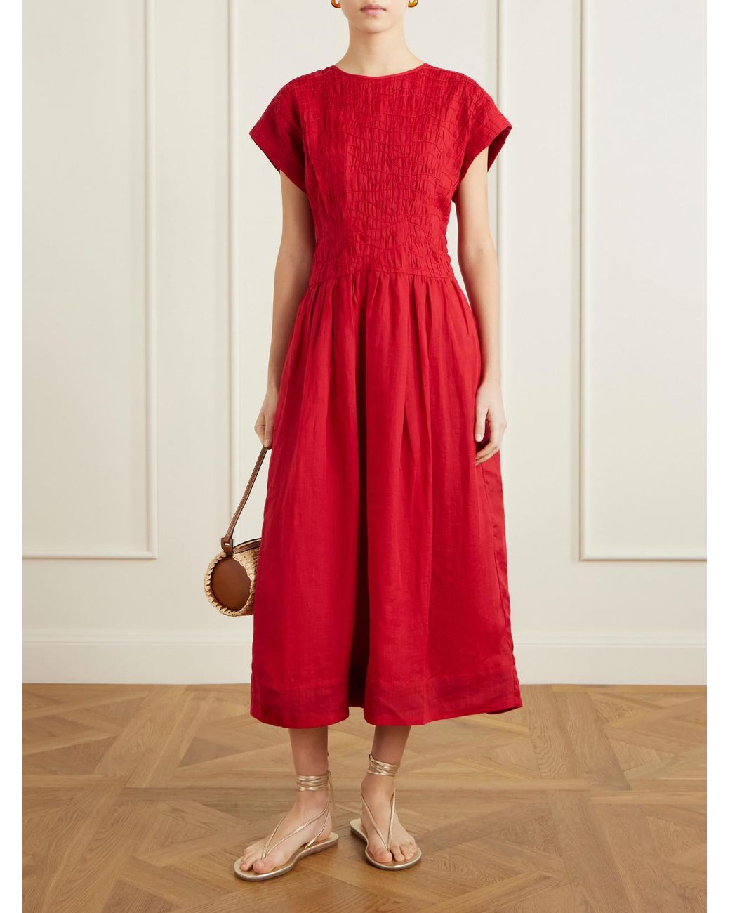 Sea Imogen Smocked Pleated Ramie Midi Dress in Red | Lyst Sea Imogen Smocked Pleated Ramie Midi Dress in Red | Lyst