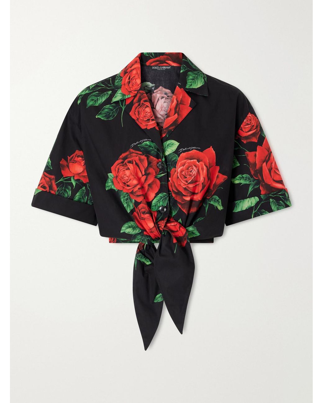 Dolce & Gabbana Red Tie-Detailed Floral-Printed Cotton-Poplin Cropped Shirt