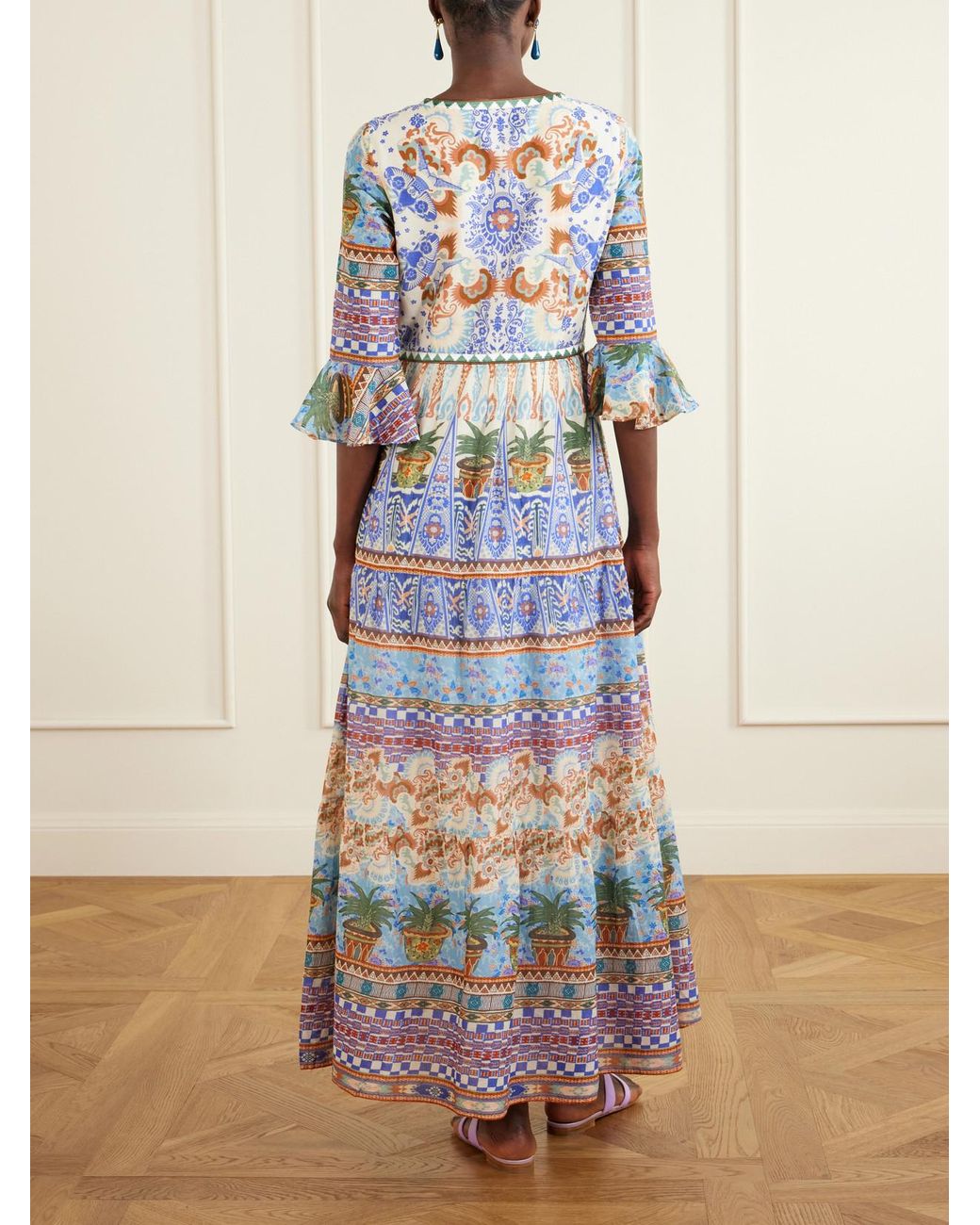 Emporio Sirenuse White Bella Pleated Printed Cotton Maxi Dress