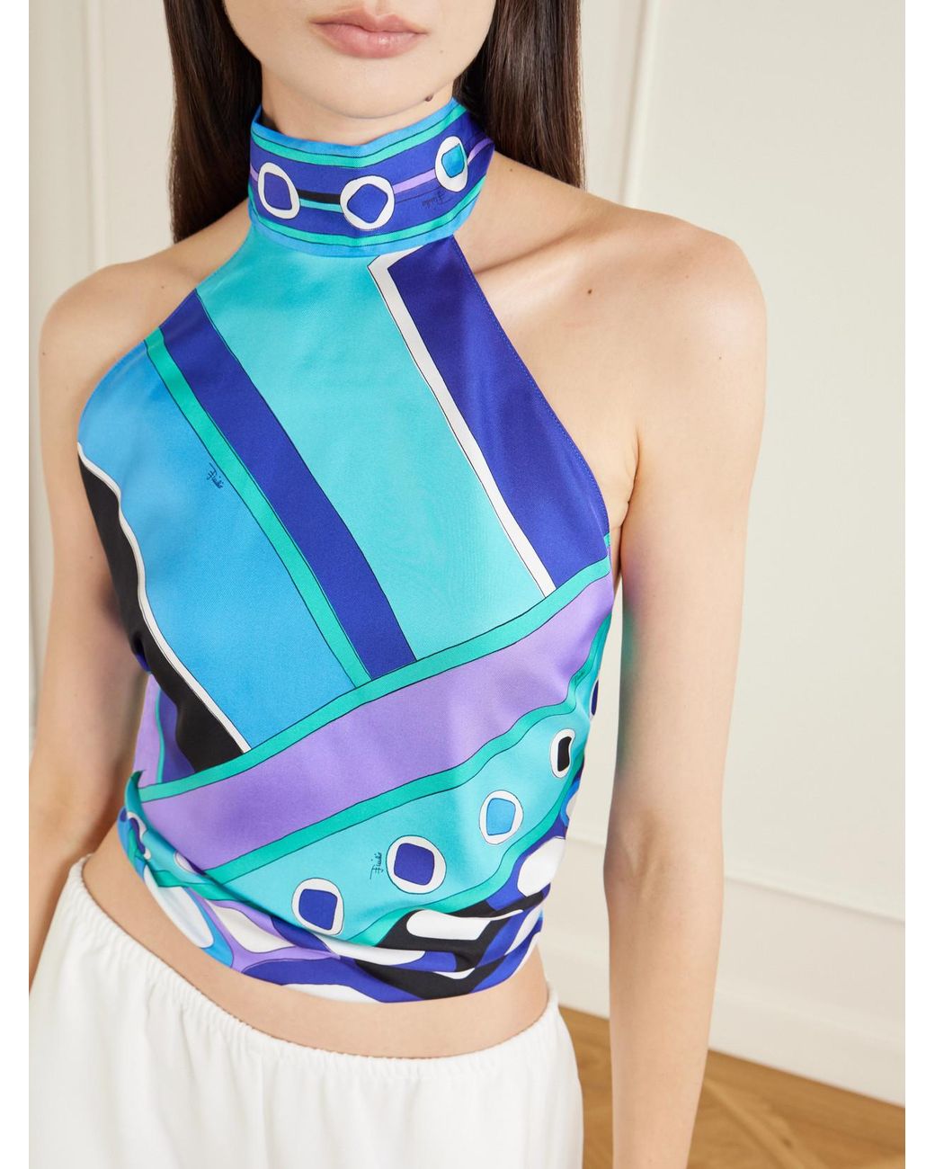 Emilio Pucci Blue Printed Silk-Twill Halterneck Top