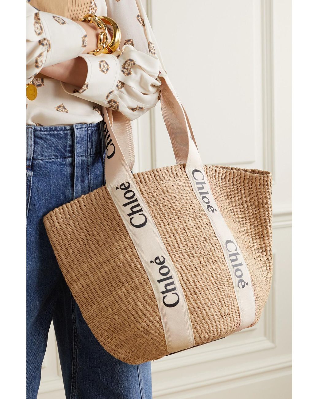 Chloé + Net Sustain Woody Large Printed Canvas And Leather-trimmed Raffia  Basket Bag in White | Lyst