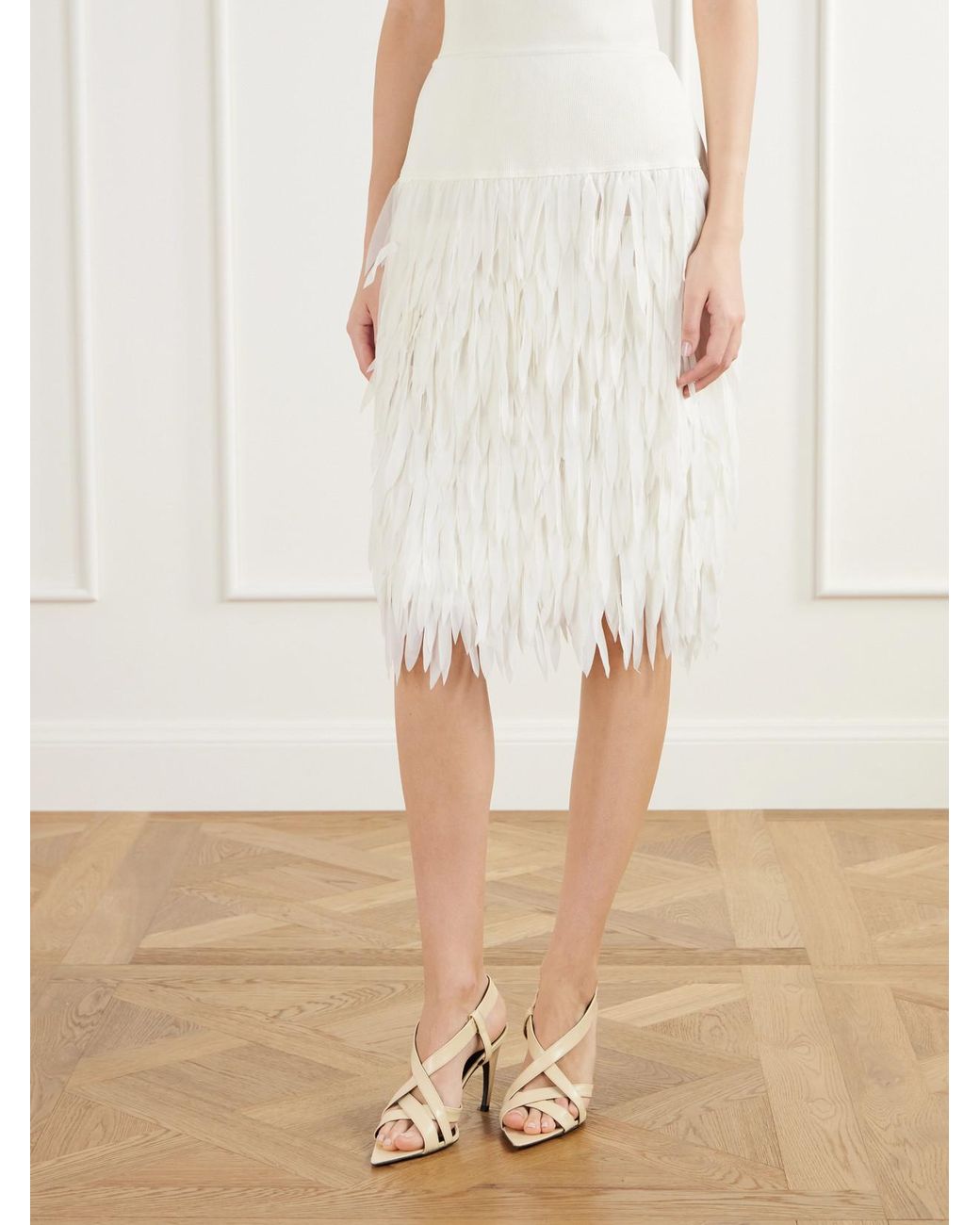 St. Agni White Rib-Trimmed Fringed Chiffon Midi Skirt