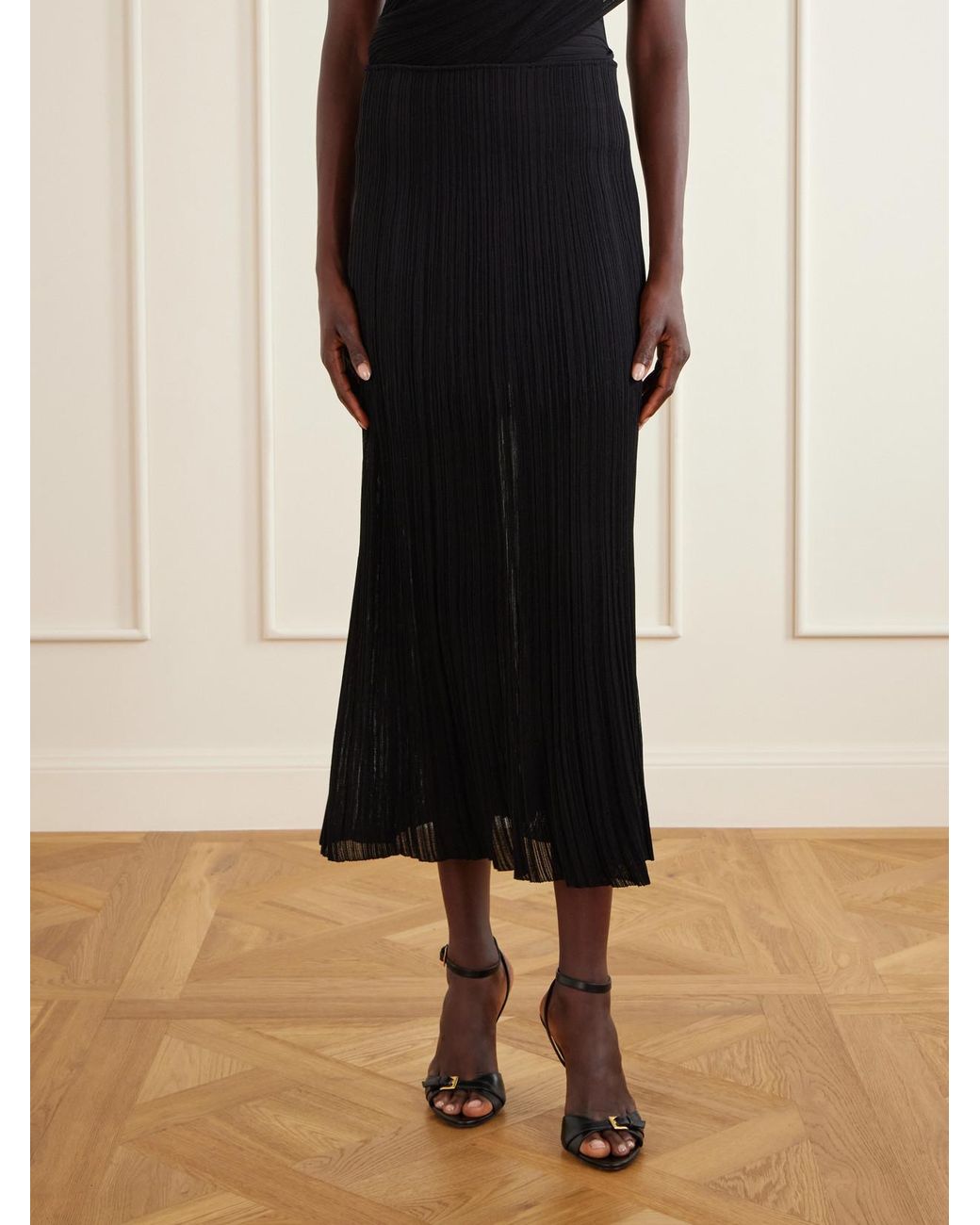 Balmain Black Plissé-Crepe Midi Skirt