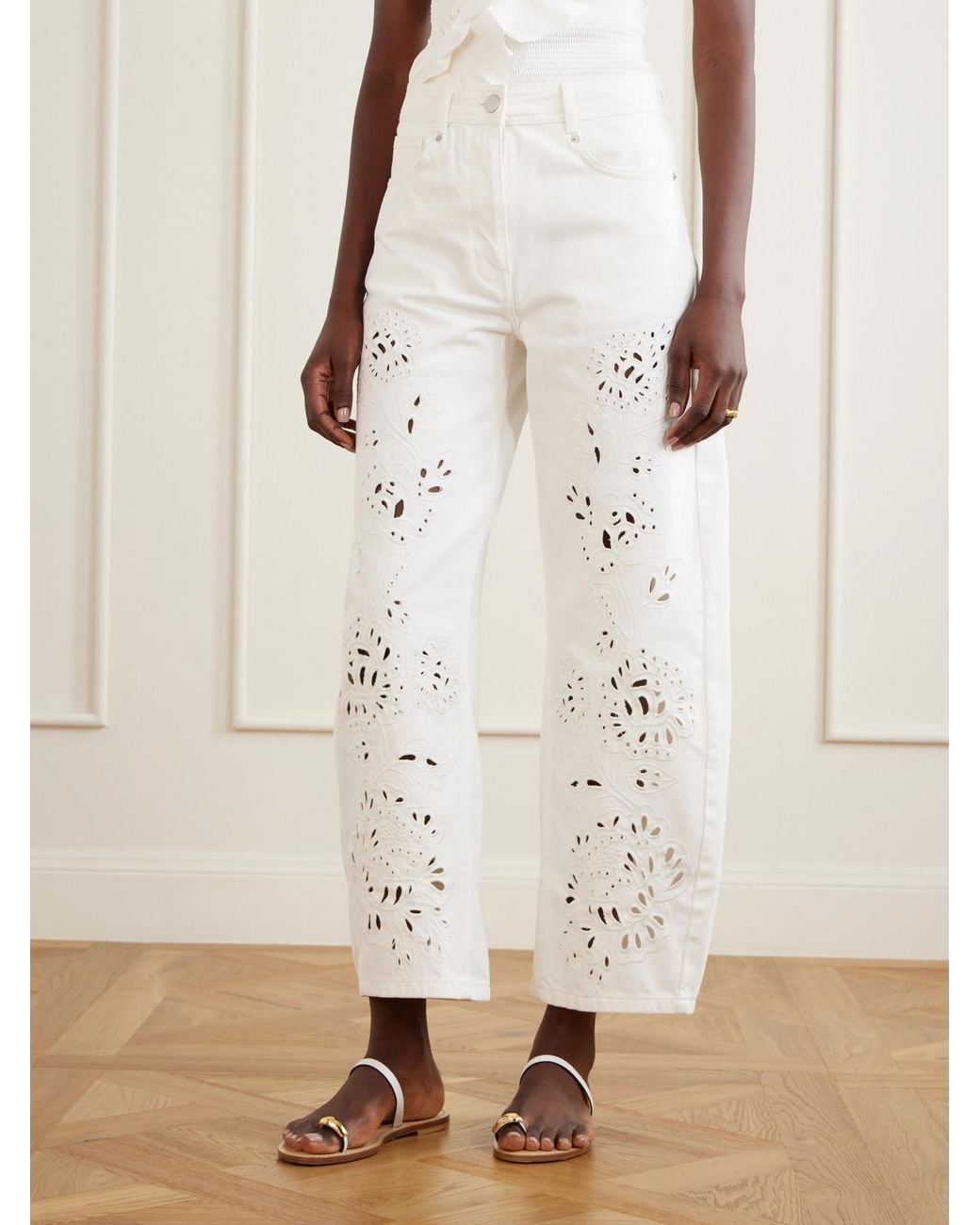 Farm Rio White Richelieu Broderie Anglaise-Trimmed Mid-Rise Straight-Leg Jeans