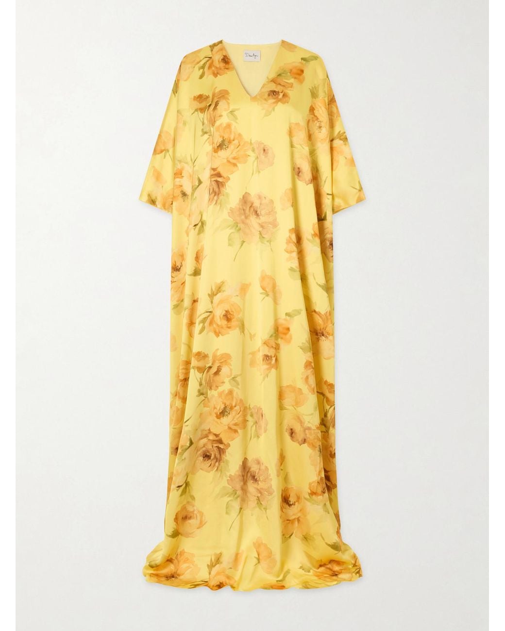 Dima Ayad Yellow Floral-Print Satin Gown