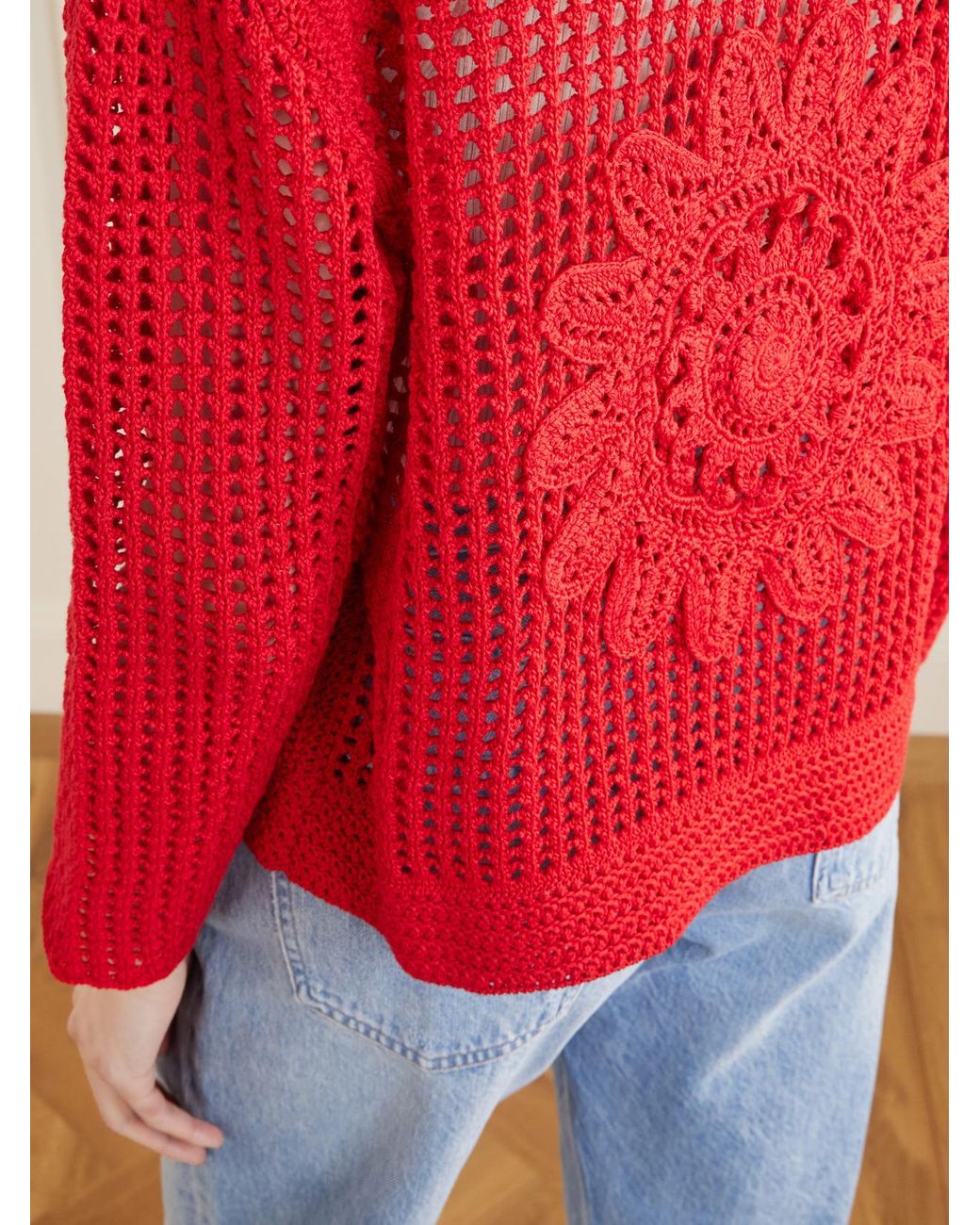 Escvdo Red Solar Open-Knit Cotton Cardigan