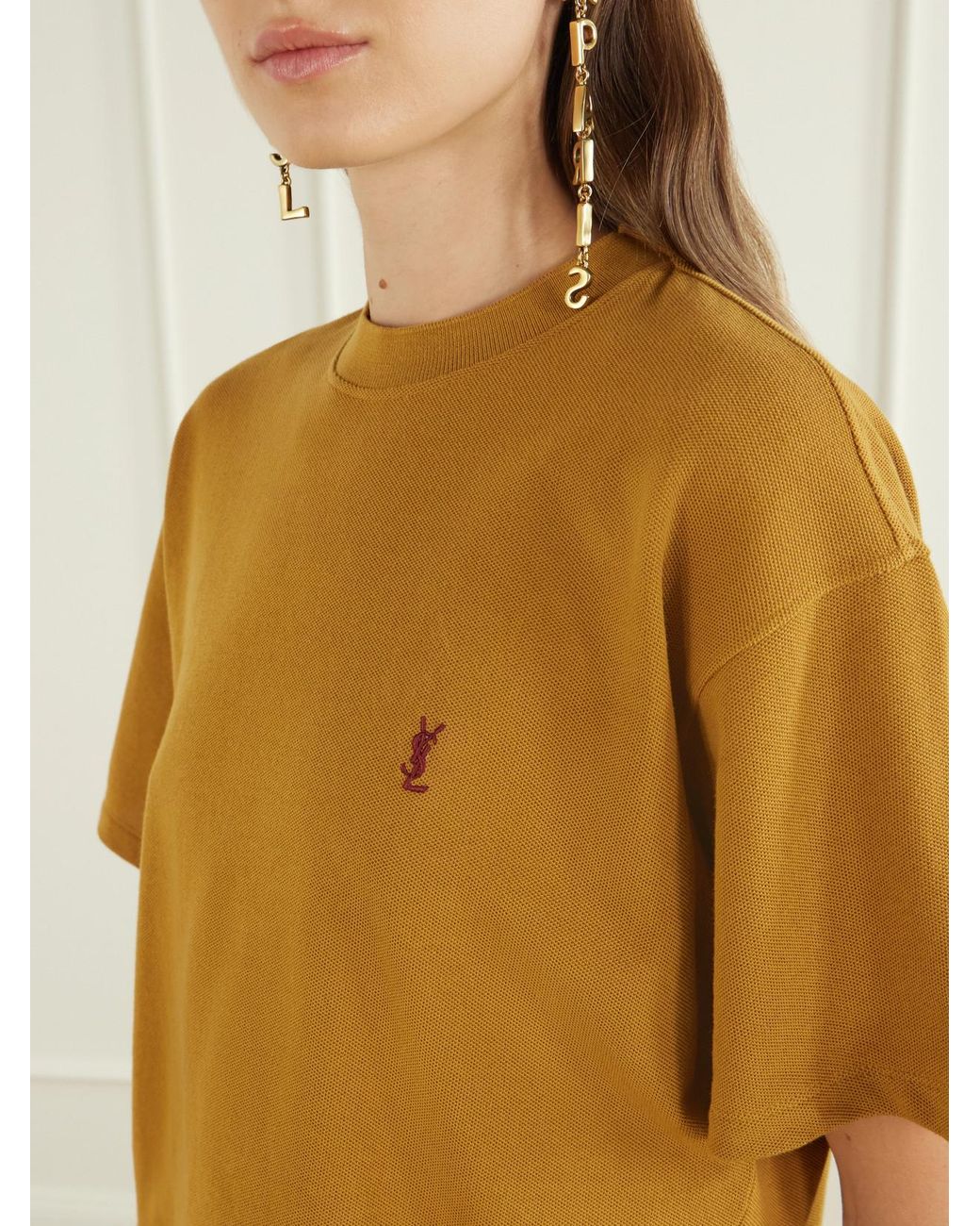Saint Laurent Yellow Cassandre-Embroidered Cotton-Piqué T-Shirt