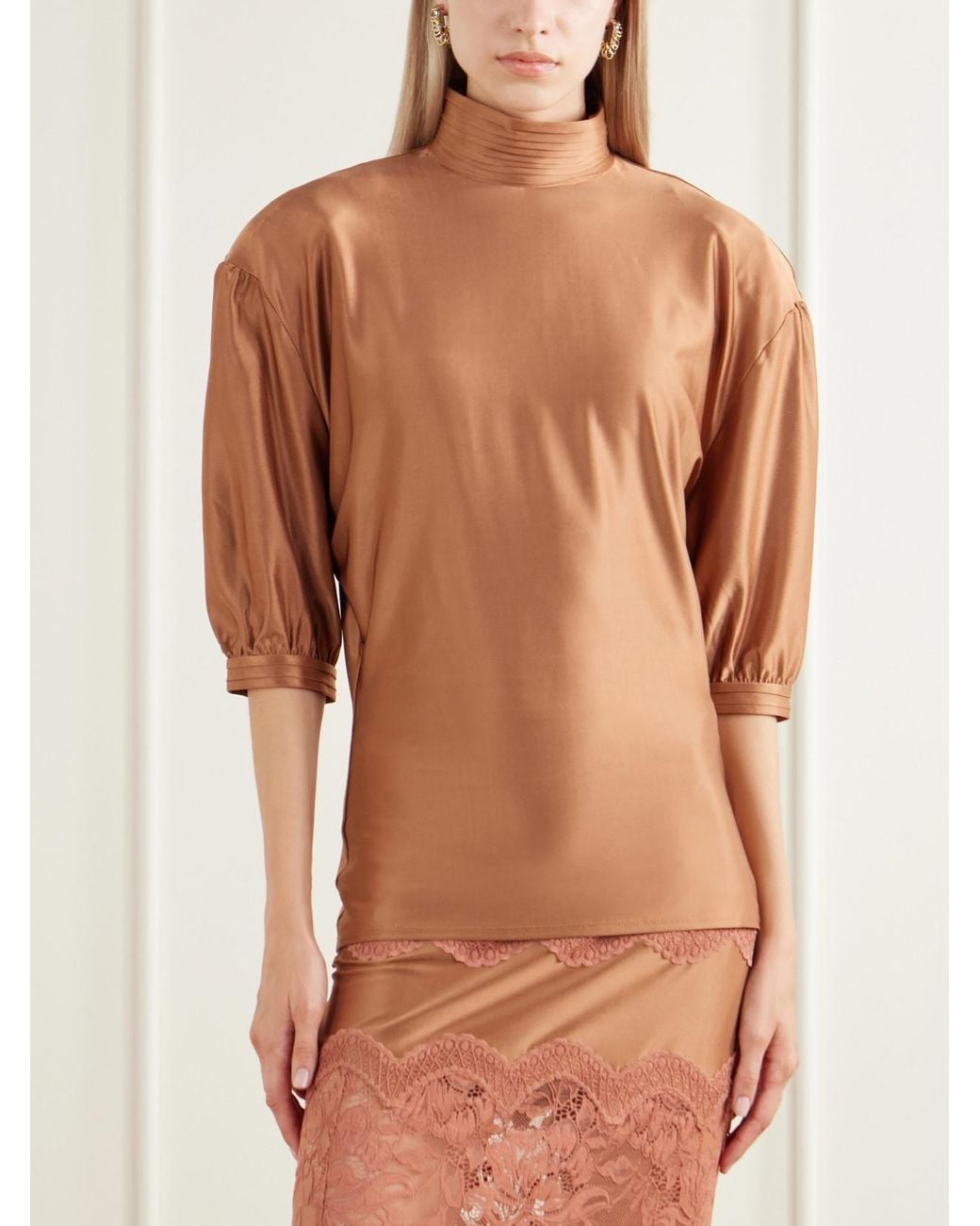 Rabanne Brown Stretch-Satin Turtleneck Blouse