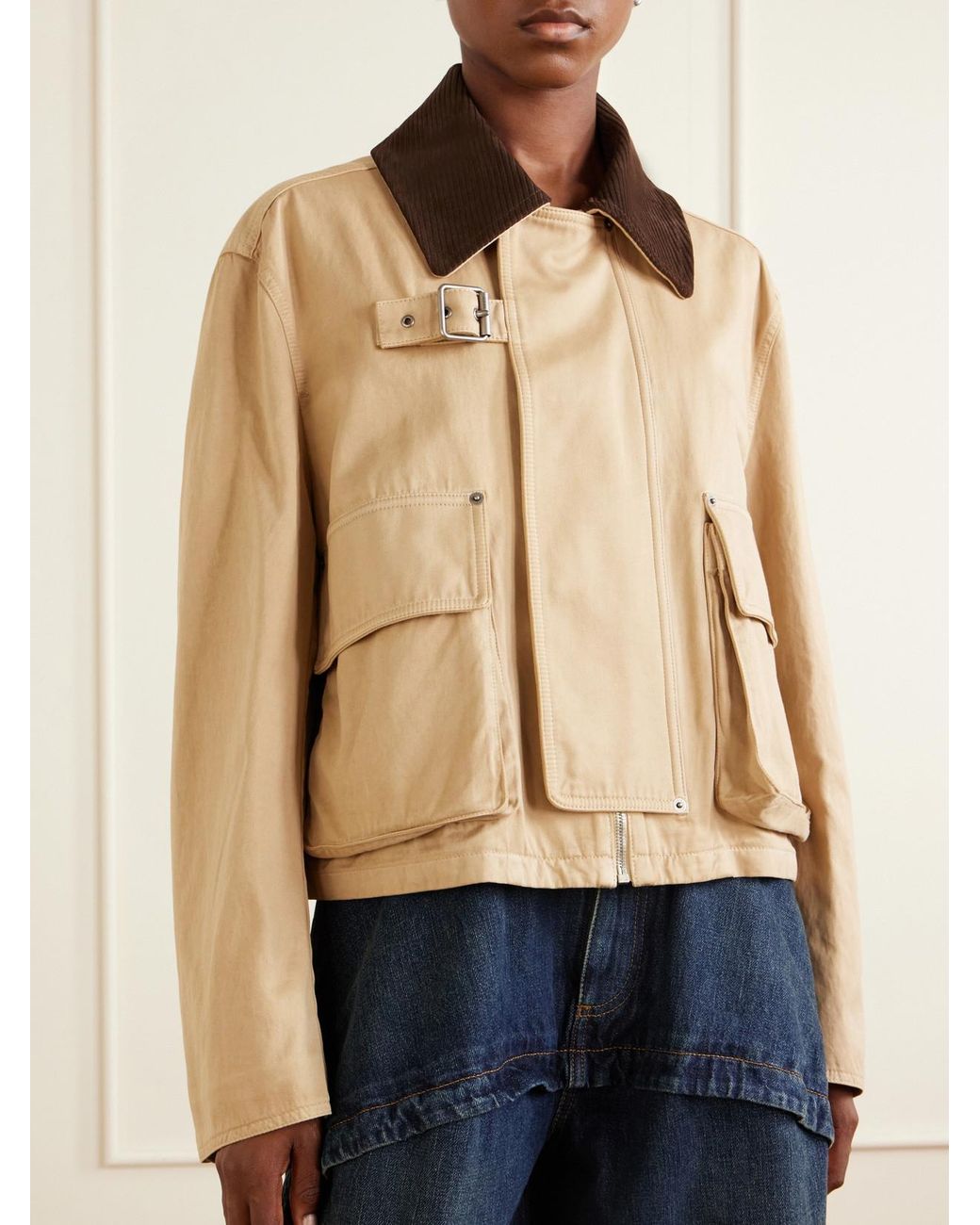 Loewe Natural Cropped Belted Corduroy-Trimmed Cotton-Gabardine Jacket