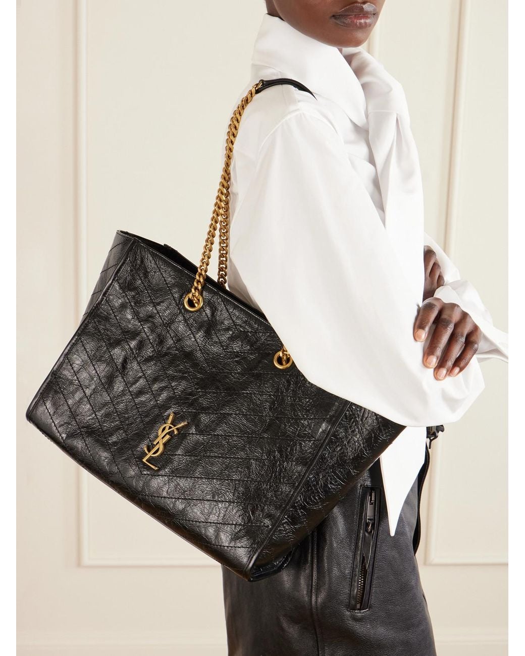 Saint Laurent Black Niki Small Crinkled-Leather Tote