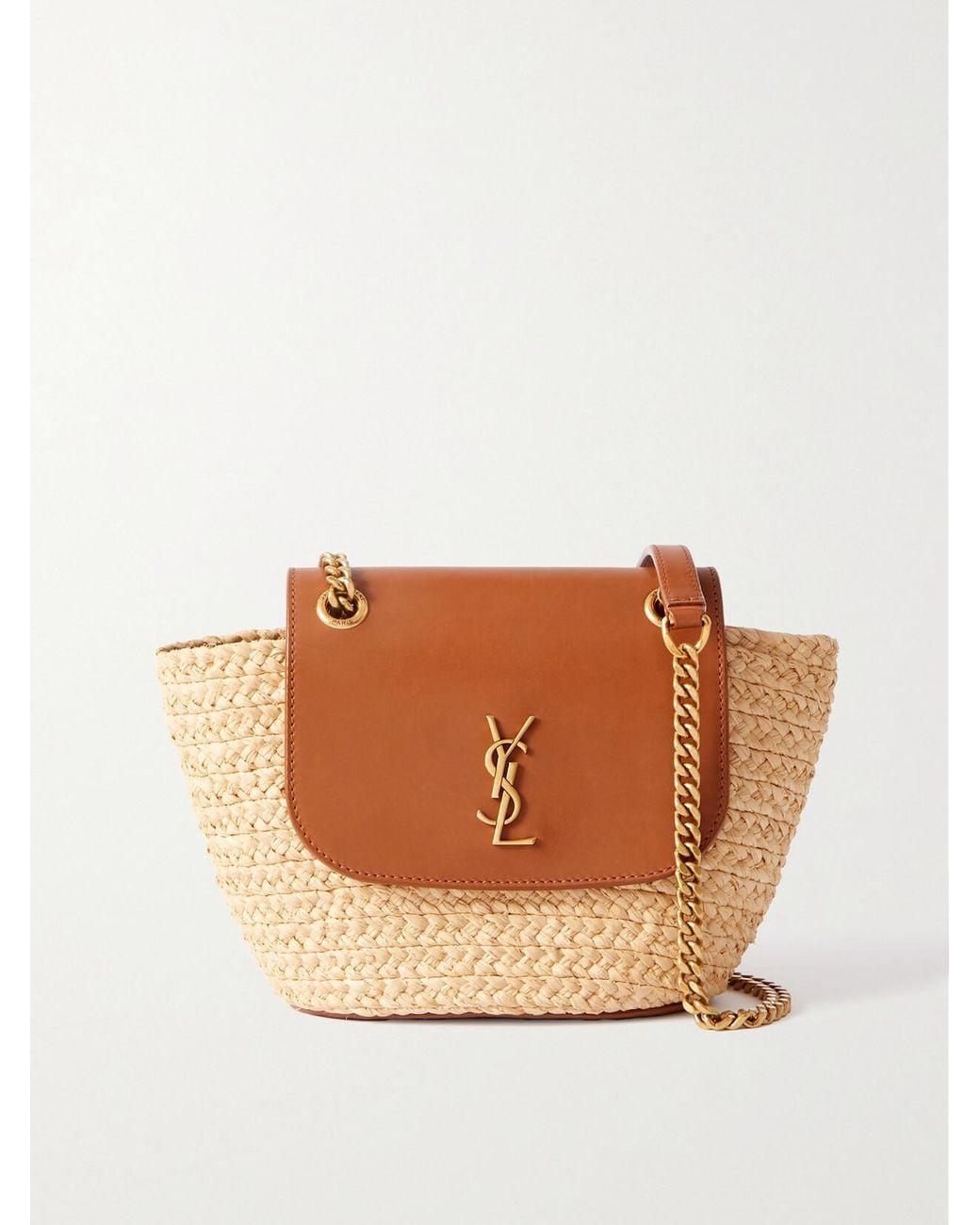 Saint Laurent Brown Manon Mini Leather-Trimmed Raffia Shoulder Bag