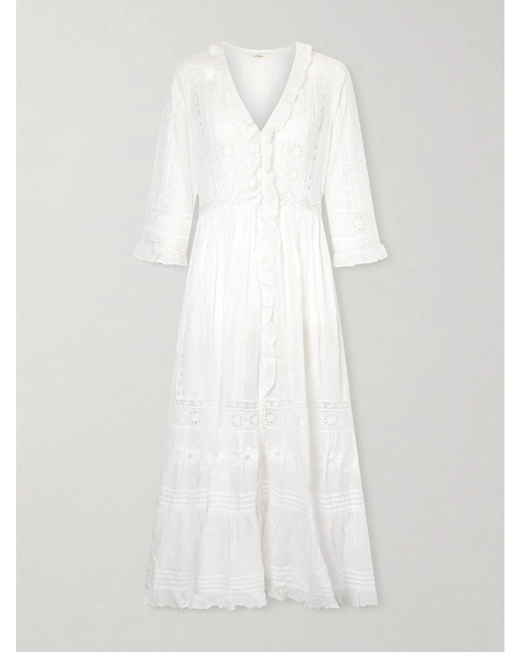 Doen Clemencia Ruffled Lace-Trimmed Organic Cotton-Voile Midi Dress in White  | Lyst