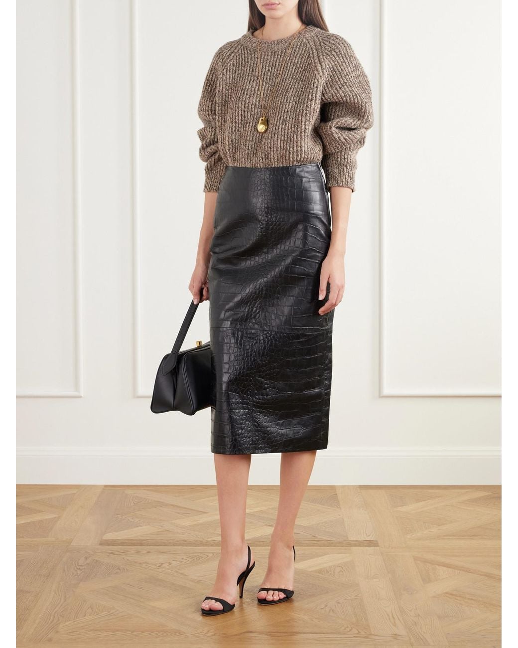 Arma Black Meeka Paneled Croc-Effect Leather Midi Skirt