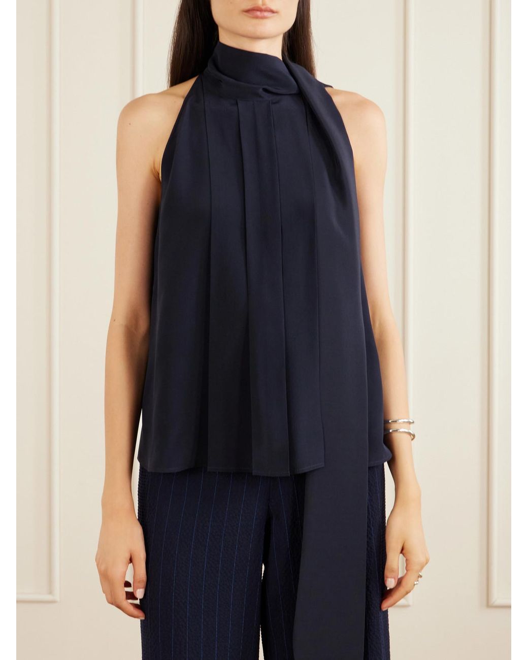 Max Mara Blue Fune Draped Pleated Silk Blouse